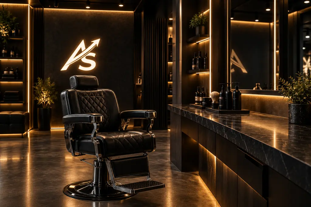 A barbershop interior with a leather chair