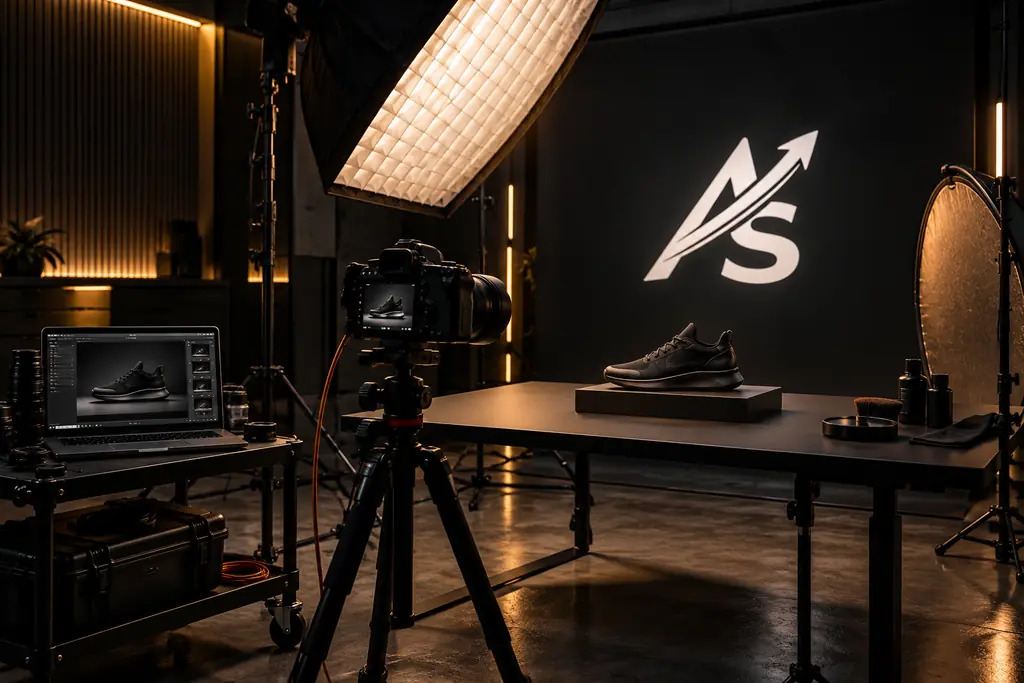 A camera on a tripod and a softbox lighting a product on a table