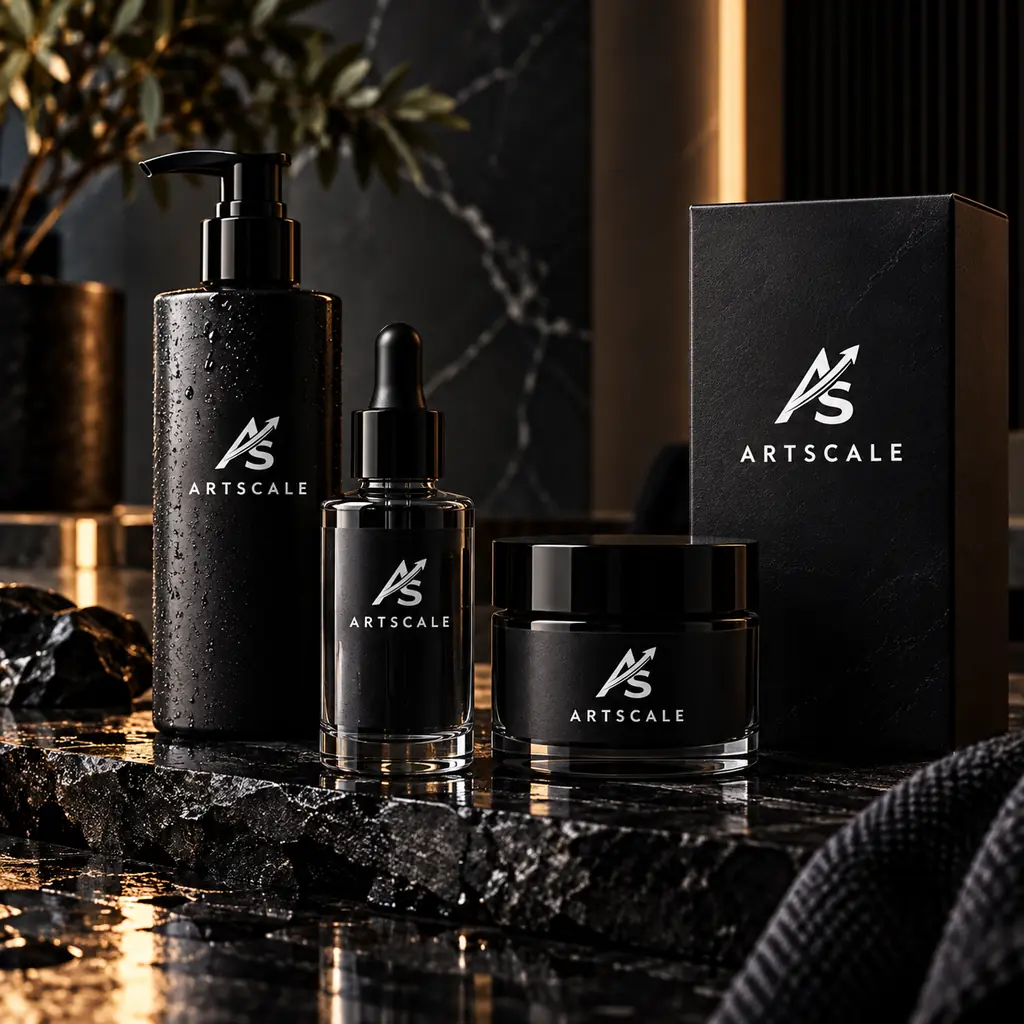 Black skincare bottles, a jar and a gift box on a dark stone shelf