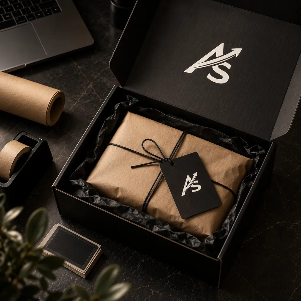 A packed order box with tape and a shipping label