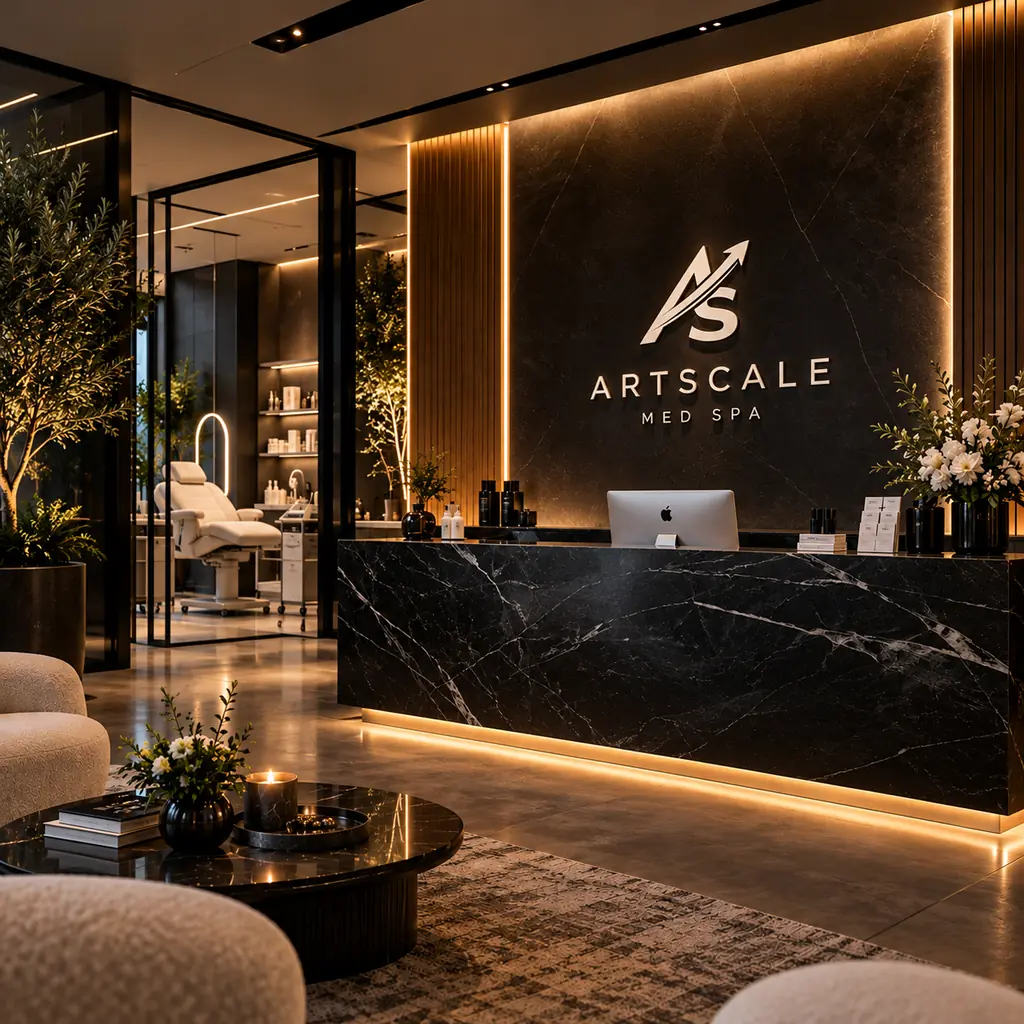Reception of a modern spa with a dark marble counter and a treatment room behind glass