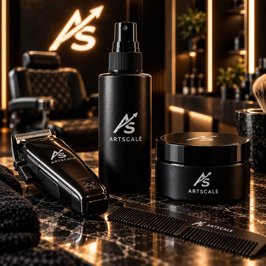 Black branded products on a dark marble surface in a barbershop