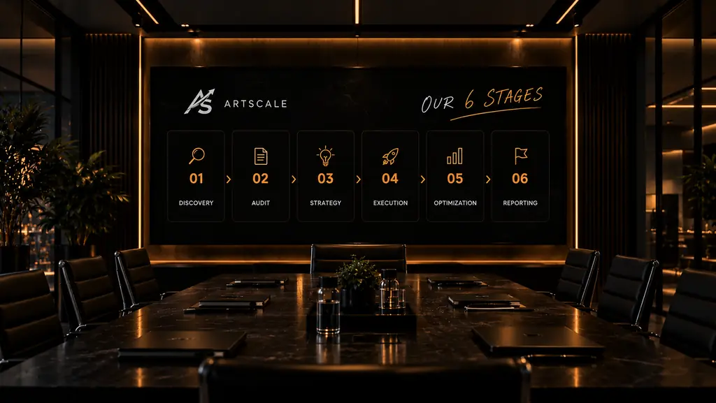 A dark meeting room with a screen showing the six stages of ArtScale's process