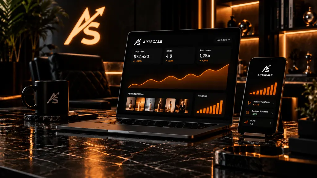 A laptop and a phone showing an advertising dashboard on a dark desk